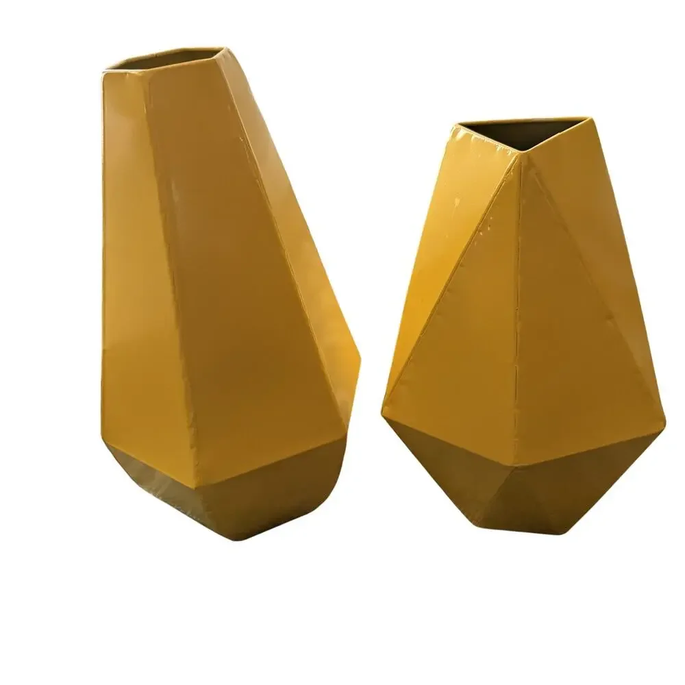 Modern Yellow Geometric Metal‎ Vases Set of 2 Decorative Faceted Home Decor